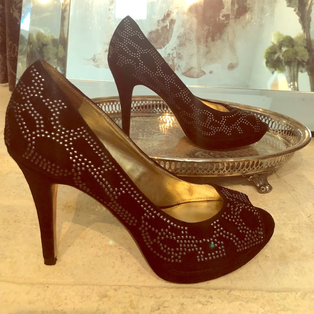 Antonio Melani Black Suede Open Toe Pumps